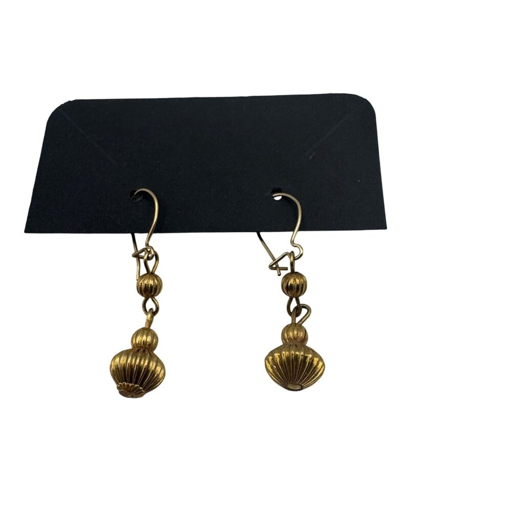 Vintage Gold Tone Drop Earrings Ornate Ribbed Design Dangle Hooks